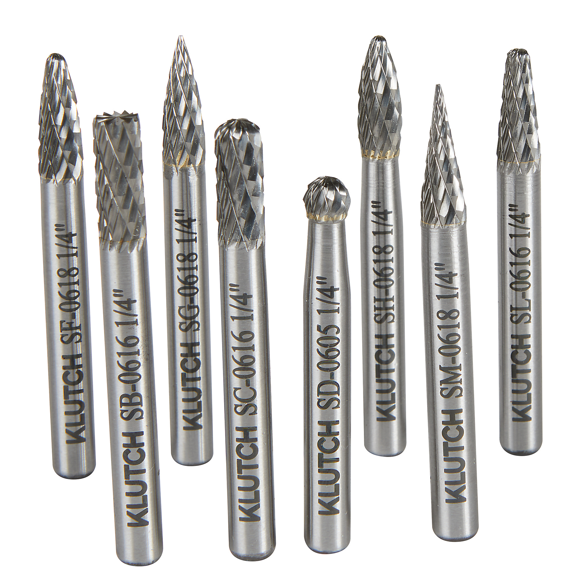 Klutch 1/4in. Double-Cut Carbide Burr Set, 8-Pc., Tungsten, Rotary Tool Bits